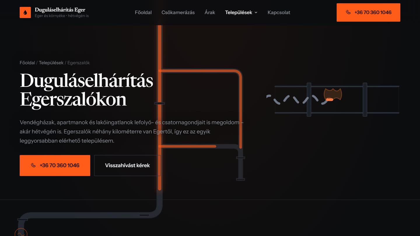 Az egerszalóki települési oldal a Duguláselhárítás Agria weboldalon, saját címmel és saját tartalommal