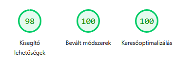 A Google PageSpeed Insights laborméréses eredménye a Duguláselhárítás Agria oldalra: kisegítő lehetőségek 98, bevált módszerek 100, keresőoptimalizálás 100