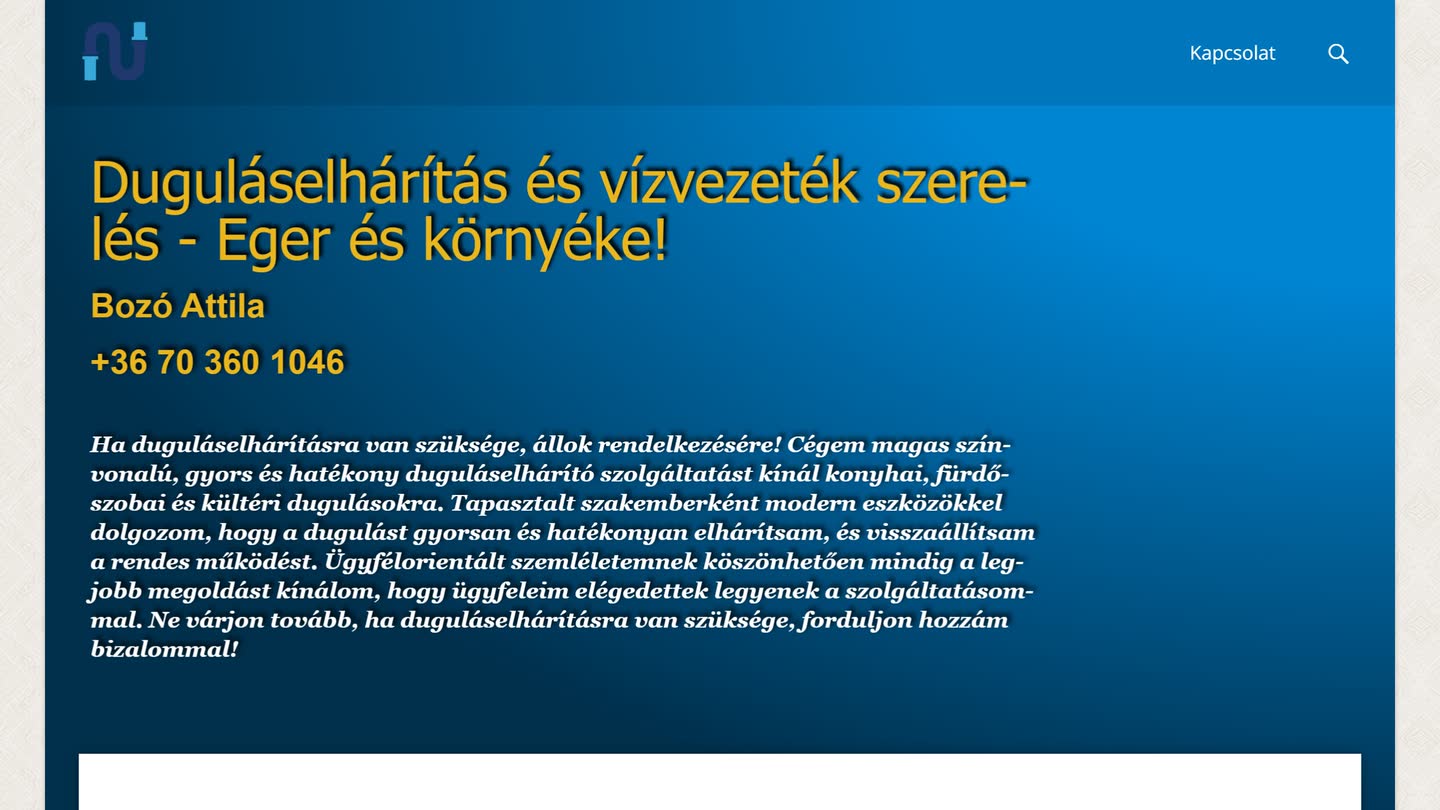A duguláselhárító szolgáltató régi WordPress oldalának nyitóképe: kék színátmenetes fejrész a névvel és telefonszámmal, alatta egyetlen hosszú bekezdés