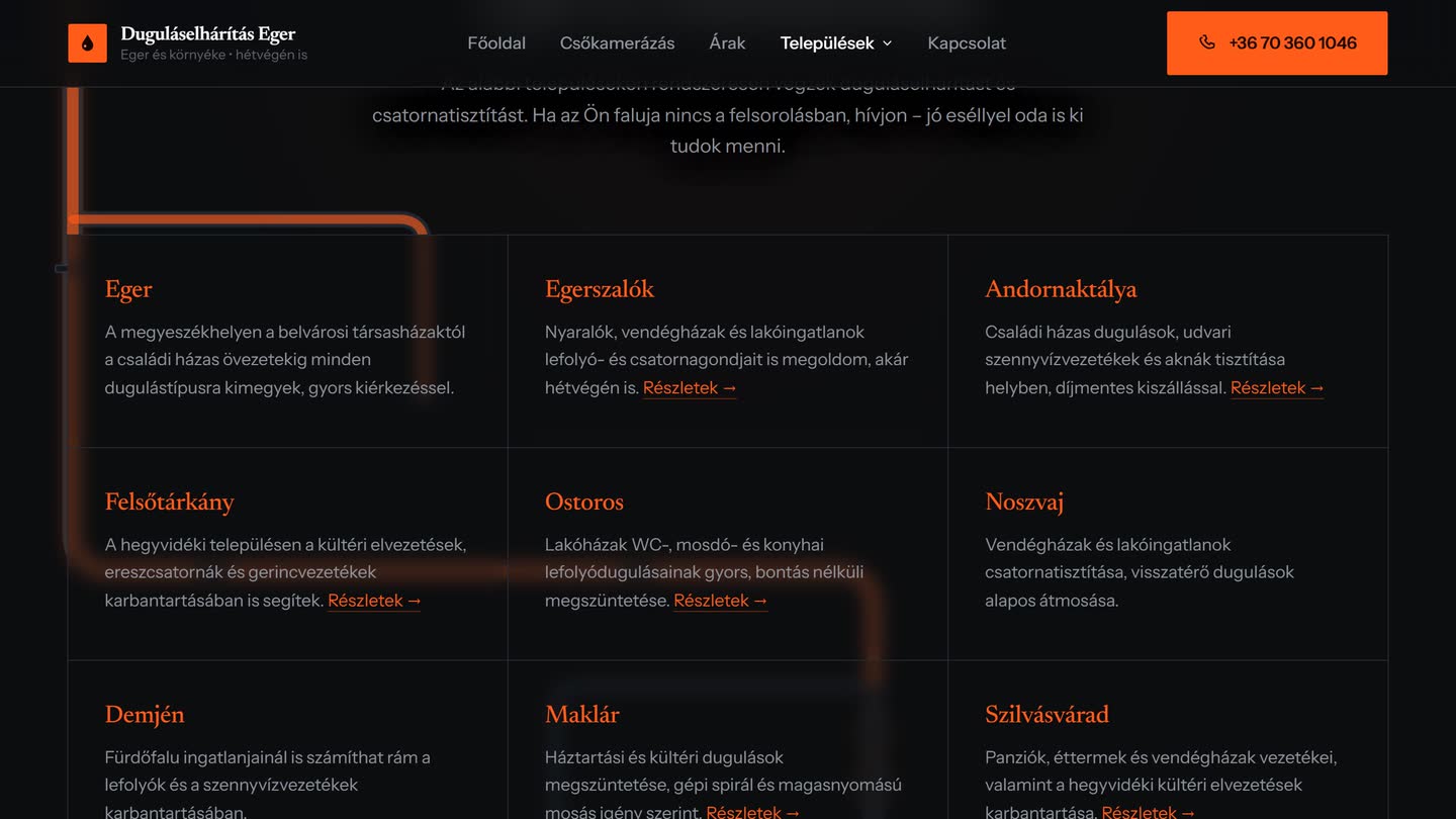 Az ellátott települések gyűjtőoldala a Duguláselhárítás Agria weboldalon, településenként külön leírással