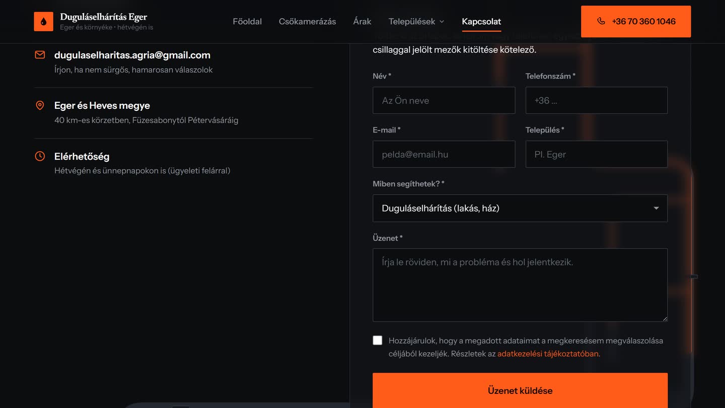 A Duguláselhárítás Agria kapcsolati oldalának ajánlatkérő űrlapja: név, telefonszám, e-mail, település, a probléma típusa és üzenet