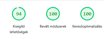 A Google PageSpeed Insights laborméréses eredménye a feherzalan.hu oldalra: kisegítő lehetőségek 94, bevált módszerek 100, keresőoptimalizálás 100