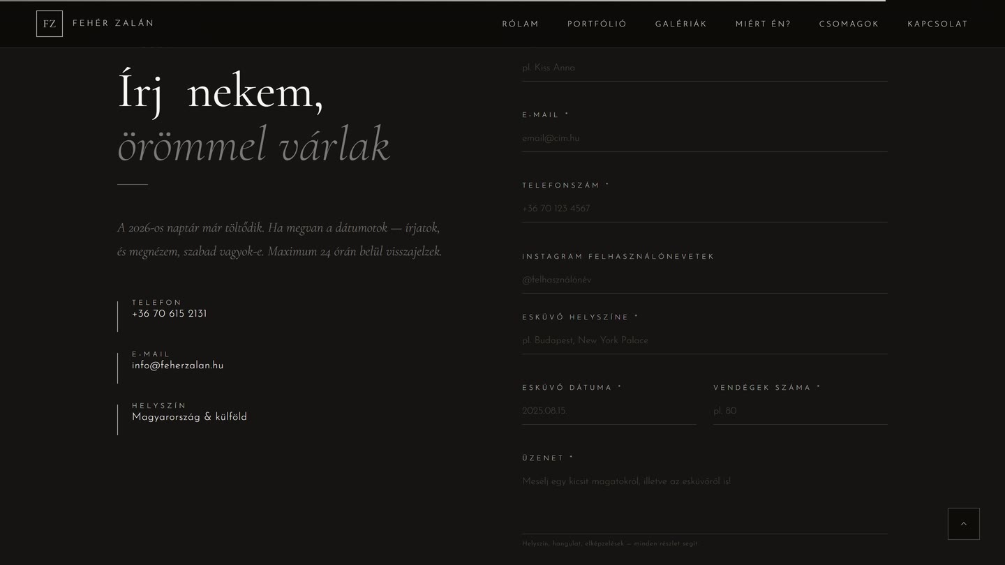 A Fehér Zalán oldal ajánlatkérő űrlapja: név, e-mail, telefonszám, Instagram, az esküvő helyszíne, dátuma és a vendégek száma