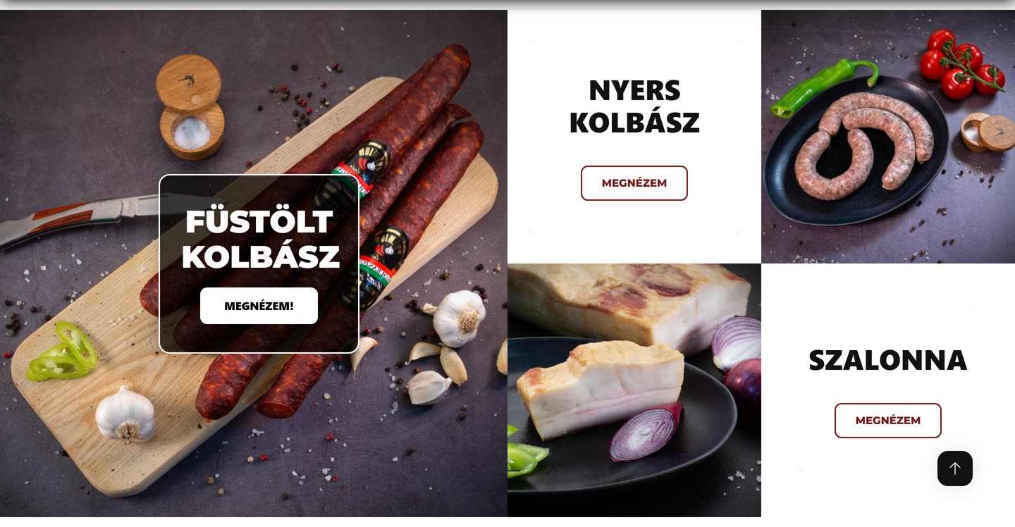 A Molnár Kolbászgyár nyitólapjának kategóriacsempéi: füstölt kolbász, nyers kolbász és szalonna, felváltva fotóval és szöveggel