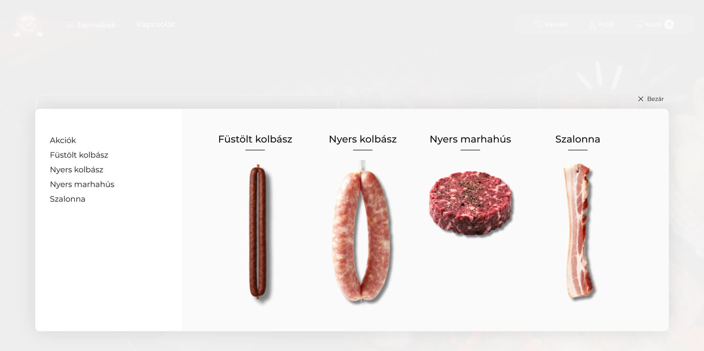 A Molnár Kolbászgyár webáruházának lenyitott menüje: balra a kategórialista, jobbra a füstölt kolbász, nyers kolbász, nyers marhahús és szalonna kivágott fotóval