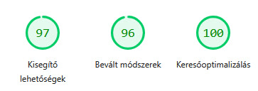 Ugyanannak a PageSpeed Insights jelentésnek a laborméréses fele: kisegítő lehetőségek 97, bevált módszerek 96, keresőoptimalizálás 100
