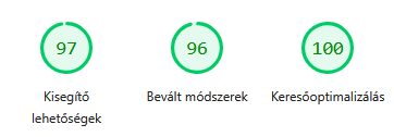Ugyanannak a PageSpeed Insights jelentésnek a laborméréses fele: kisegítő lehetőségek 97, bevált módszerek 96, keresőoptimalizálás 100