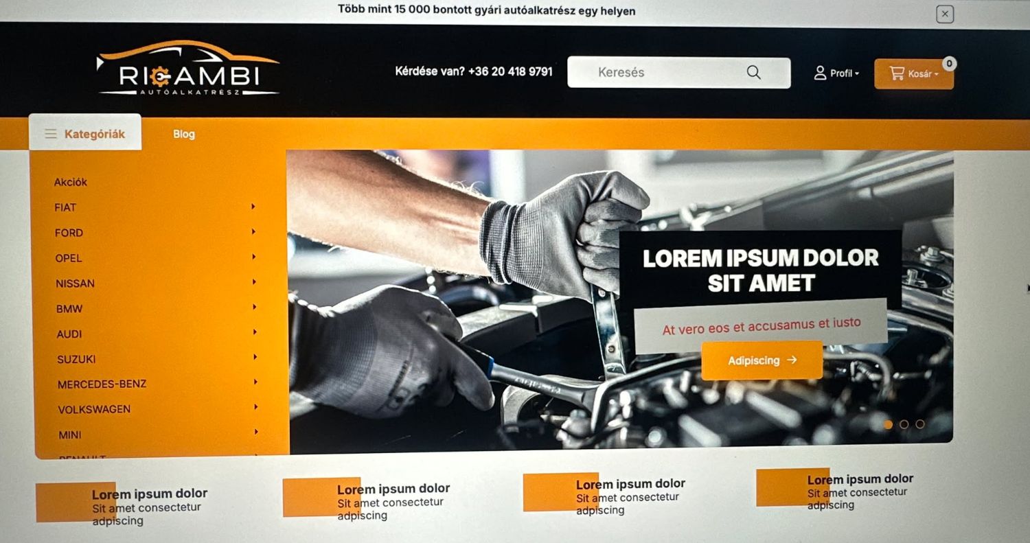 A Ricambi régi webáruházának nyitóoldala: sablonos elrendezés, a bal oldalon végig nyitott márkalista, stockfotós banner, rács nélküli kiemelések