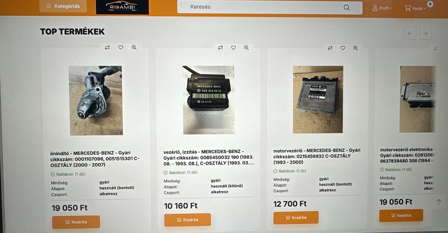 A régi terméklista, ahol a megnevezés, a cikkszám és az évjárat egyetlen mezőbe van zsúfolva