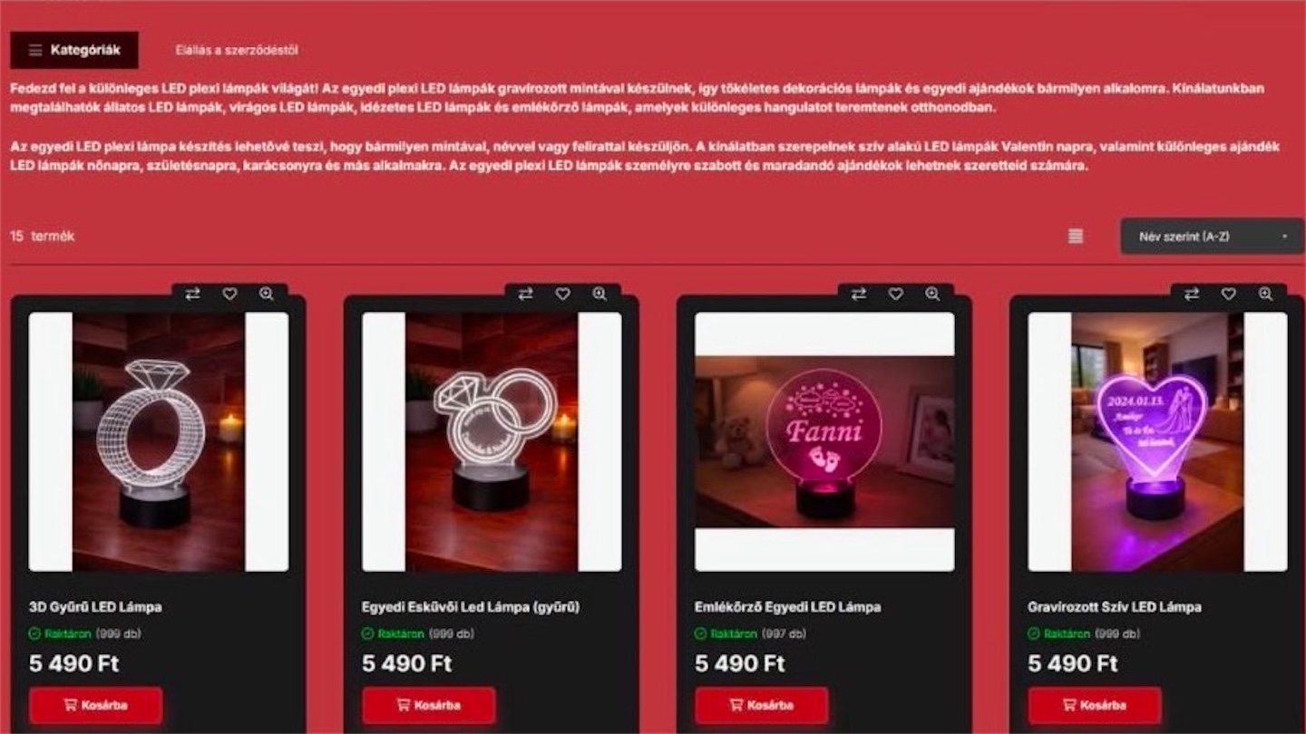 A Sári Művek korábbi kategóriaoldala teli piros háttérrel és sötét termékkártyákkal
