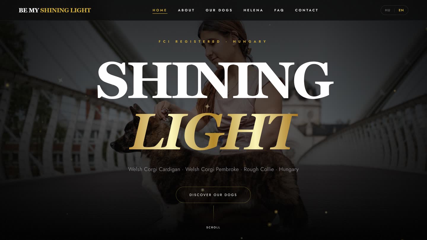 A Be My Shining Light nyitóoldala angol nyelven, angol menüvel és angol szöveggel