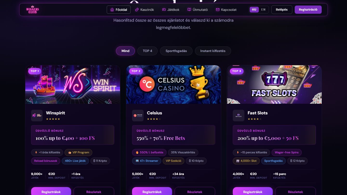 A Winners Club kaszinókártyái, mindegyiken saját banner-grafikával és logóval