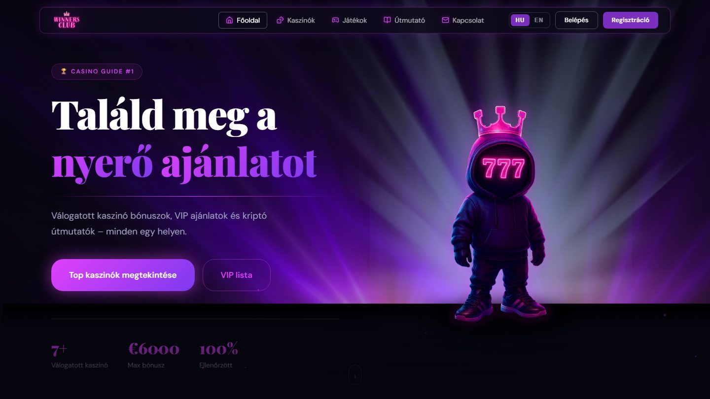 A Winners Club nyitóképe: a kapucnis figura neon 777 arccal és koronával, mögötte mozgó plazmafény