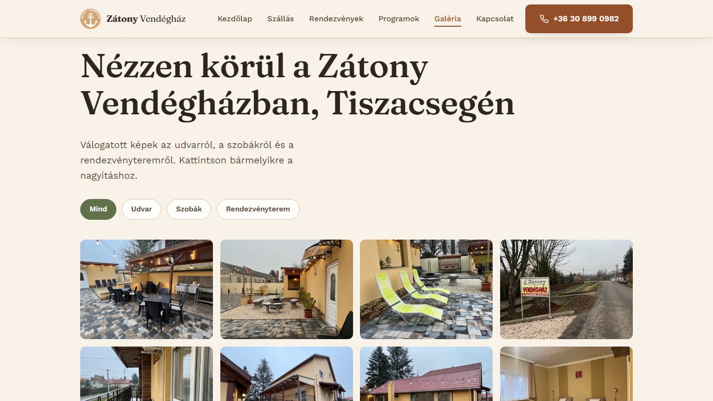 A Zátony Vendégház galériaoldala: szűrőgombok az udvarra, a szobákra és a rendezvényteremre, alattuk a fotórács
