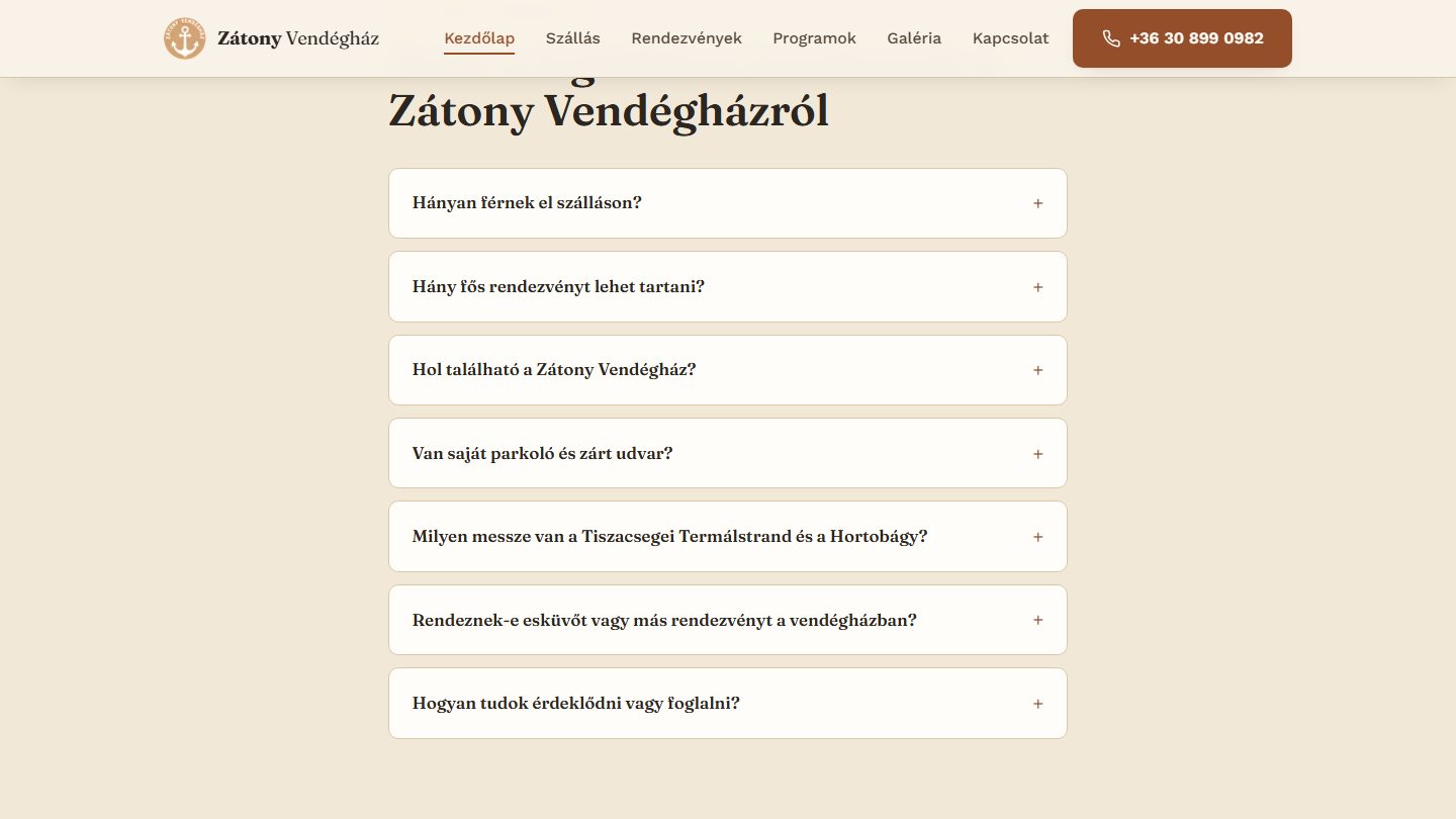 A Zátony Vendégház nyitólapjának gyakori kérdések szakasza hét lenyíló kérdéssel
