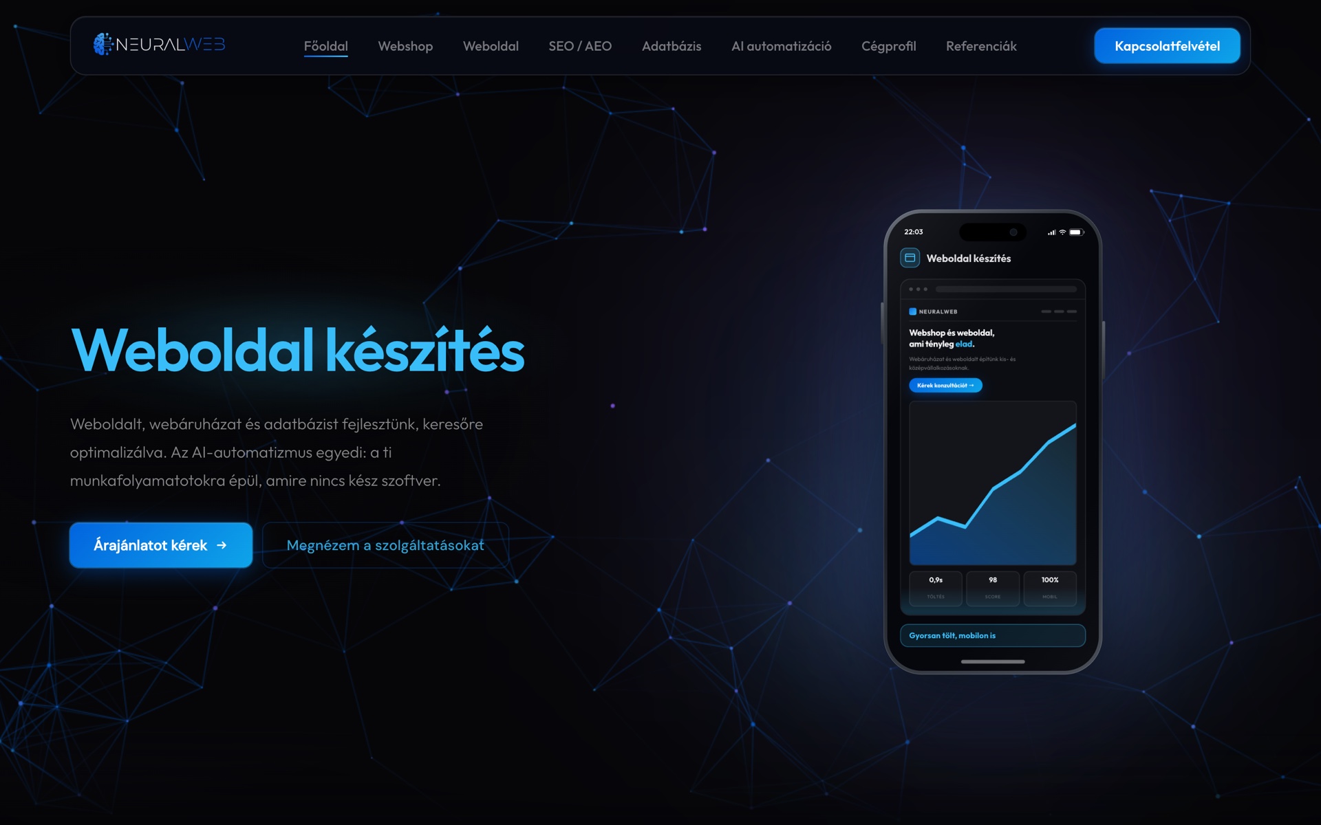 A neuralweb.hu nyitóoldala: Weboldal készítés főcím, alatta rövid bemutatkozás és árajánlatkérő gomb, mellette a mobil nézet